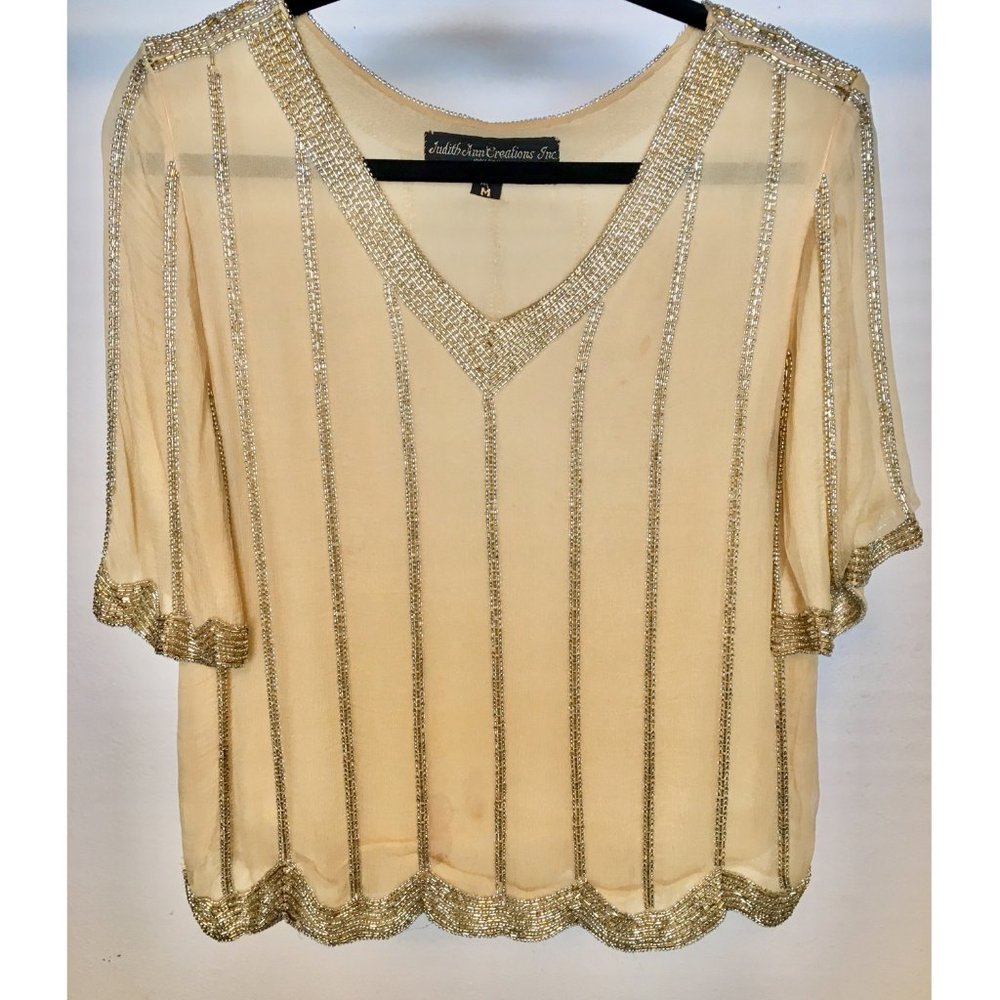 Vintage Judith Ann Creations Gold Beaded Silk Top